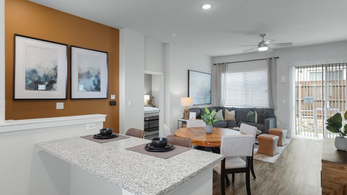 the kitchen and living room area of a new apartment at The VLux Stoneridge