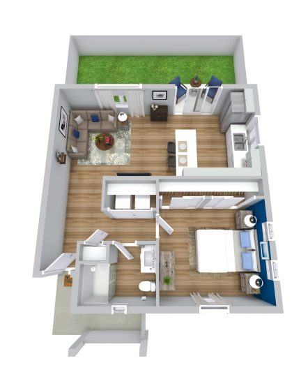 a 3d rendering of a two bedroom apartment at The VLux Stoneridge