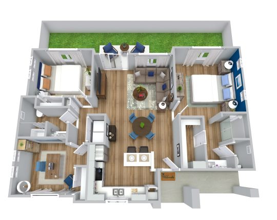 a 3d rendering of a two bedroom apartment at The VLux Stoneridge