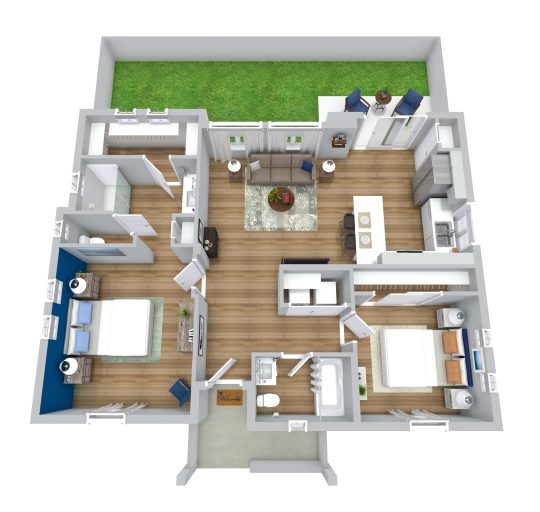 a 3d rendering of a two bedroom apartment at The VLux Stoneridge